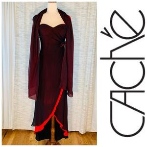 Cache Strapless Burgundy Asymmetrical Dress with Shawl.
